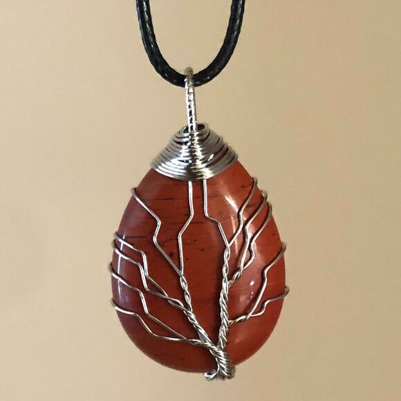 Red Jasper Natural Gemstone Tree Of Life Wire Wrap Pendant Necklace - Picture 2 of 2